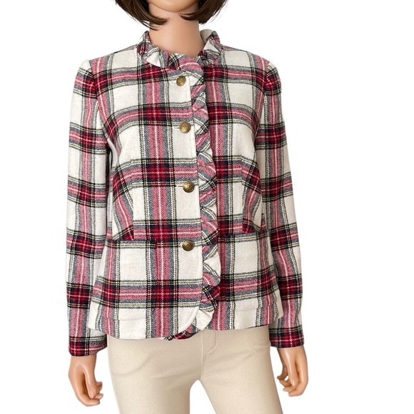 Talbots women jacket Size 10 Shetland Plaid Ruffle Trim Wool Jacket - Picture 2 of 11